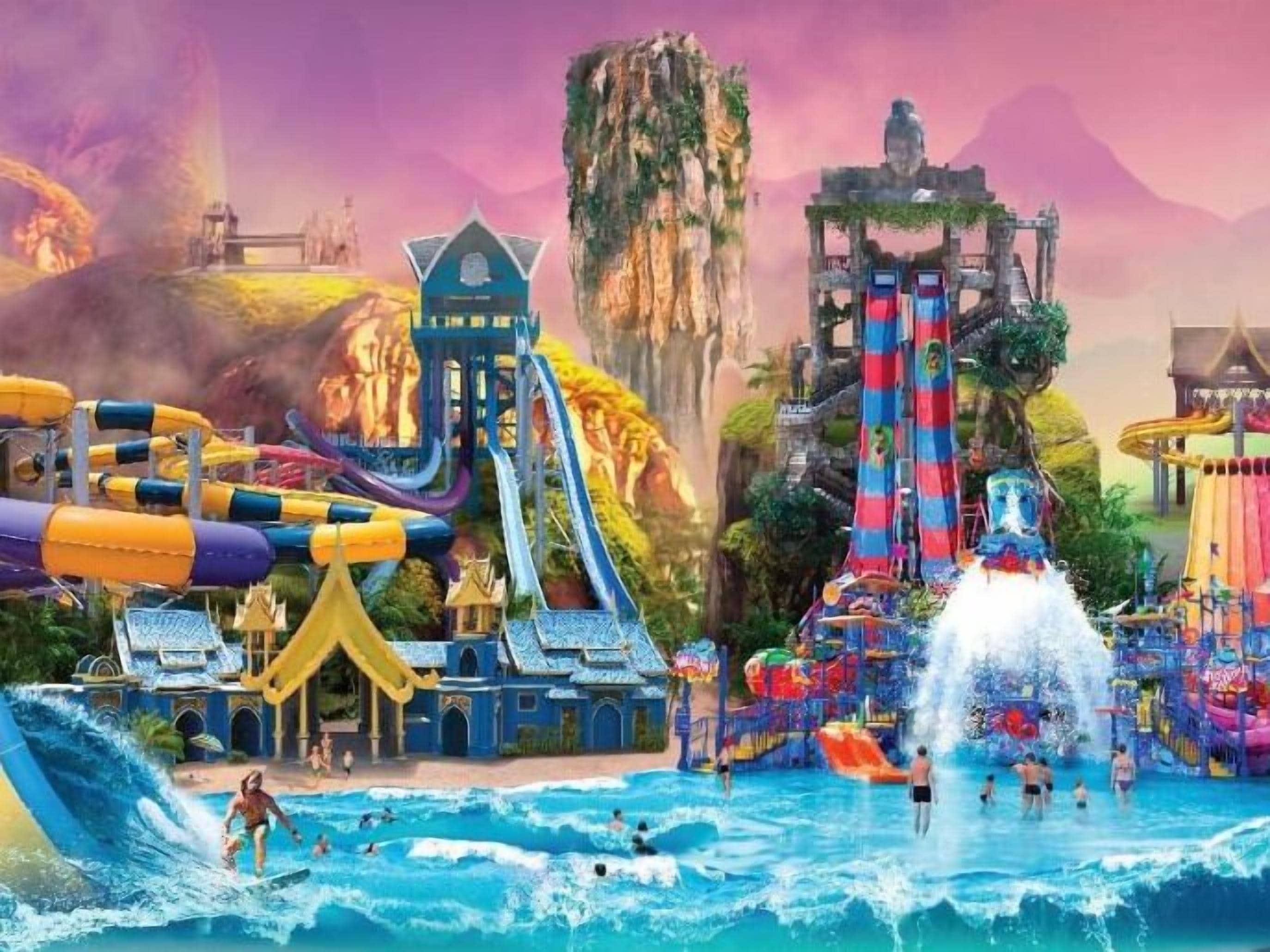 Un parque acuático con múltiples toboganes y atracciones acuáticas, incluyendo una cascada grande y una piscina de olas.
