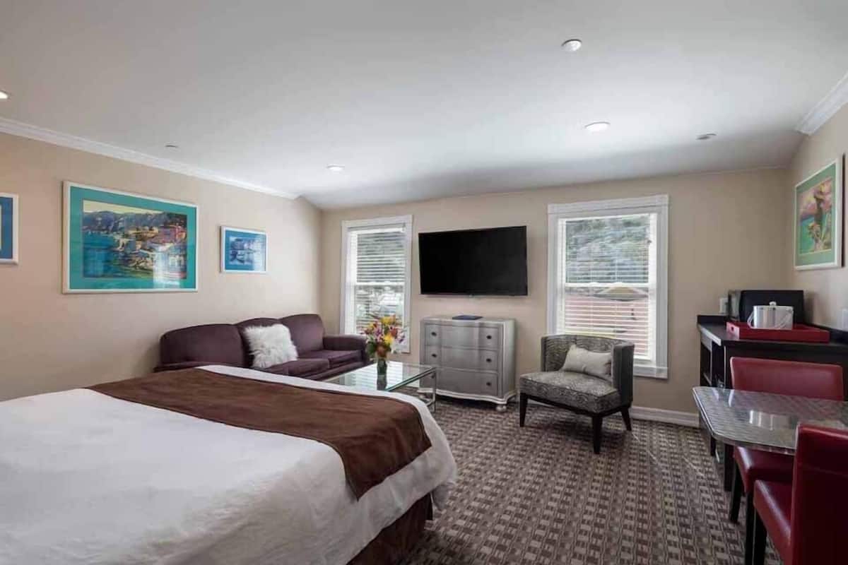 Quarto de hotel com uma cama grande, sofá, mesa pequena, televisão e escrivaninha com cadeiras.