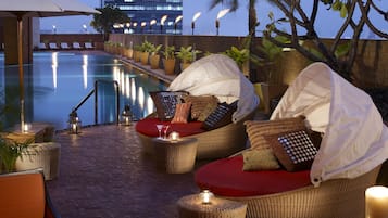 Outdoor pool, pool umbrellas, pool loungers