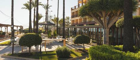 A courtyard with palm trees, a gazebo, and outdoor seating.