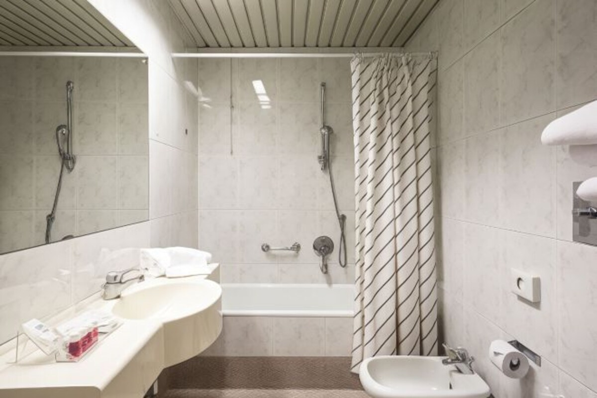 A modern bathroom with a bathtub, a shower, a bidet, and a vanity with a mirror.