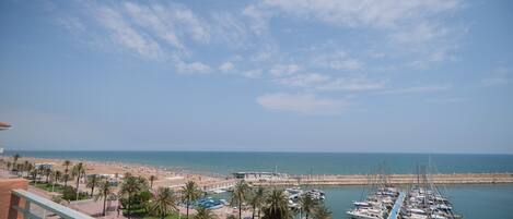 A marina with boats, a beach, and palm trees.