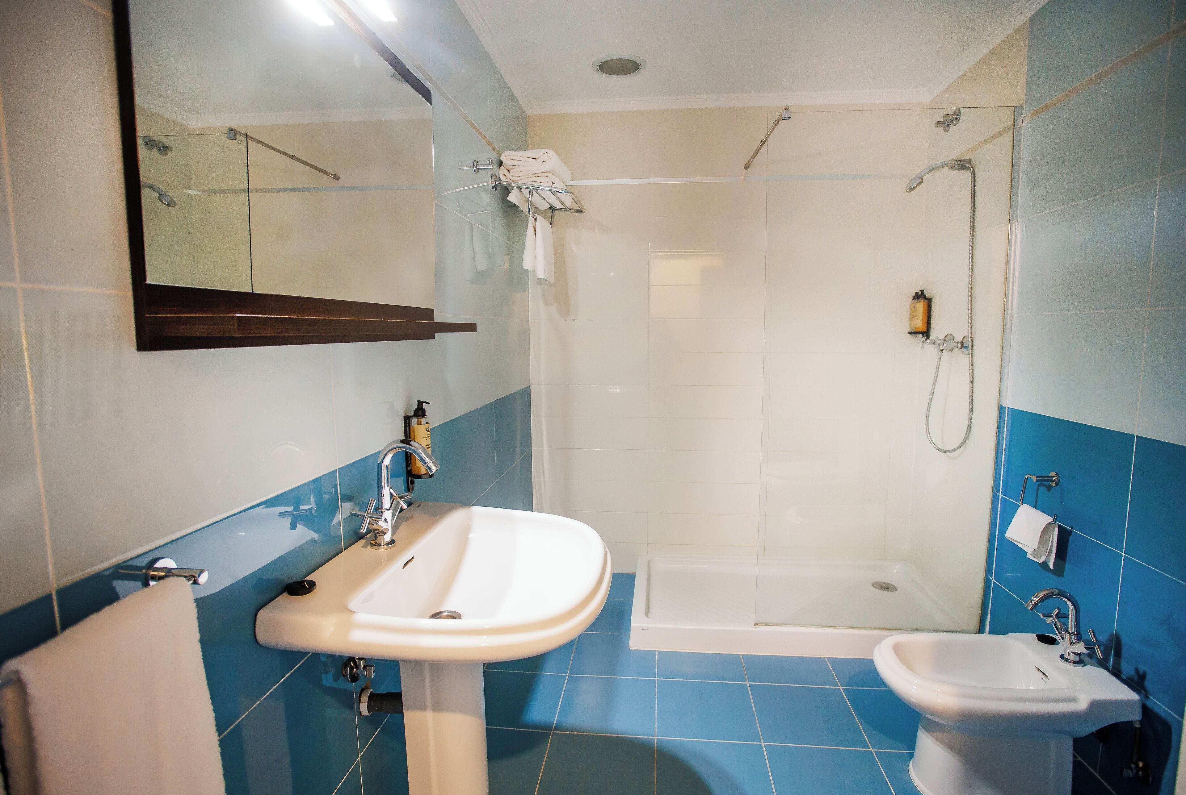 Ein Badezimmer mit Waschbecken, Bidet und Dusche.