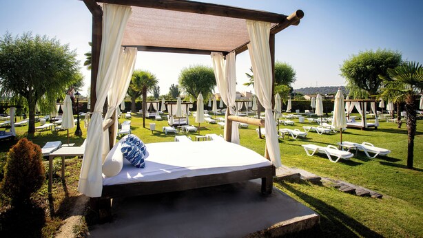 Una cama con dosel en un jardín con sillones y sombrillas.