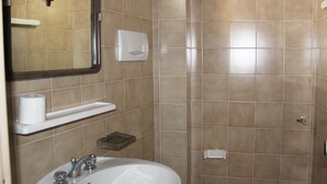 Un baño con lavamanos, espejo, inodoro y zona de ducha.