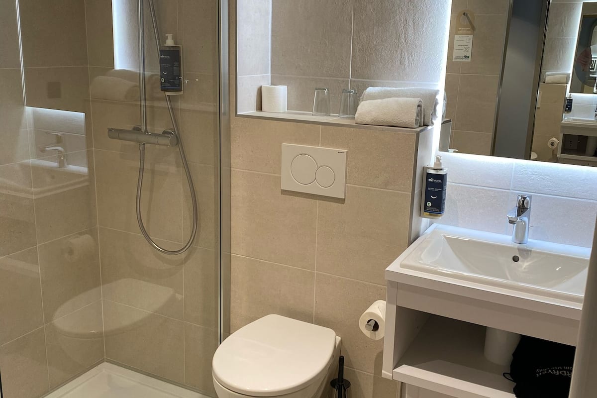 eco-friendly toiletries, hair dryer, towels, soap