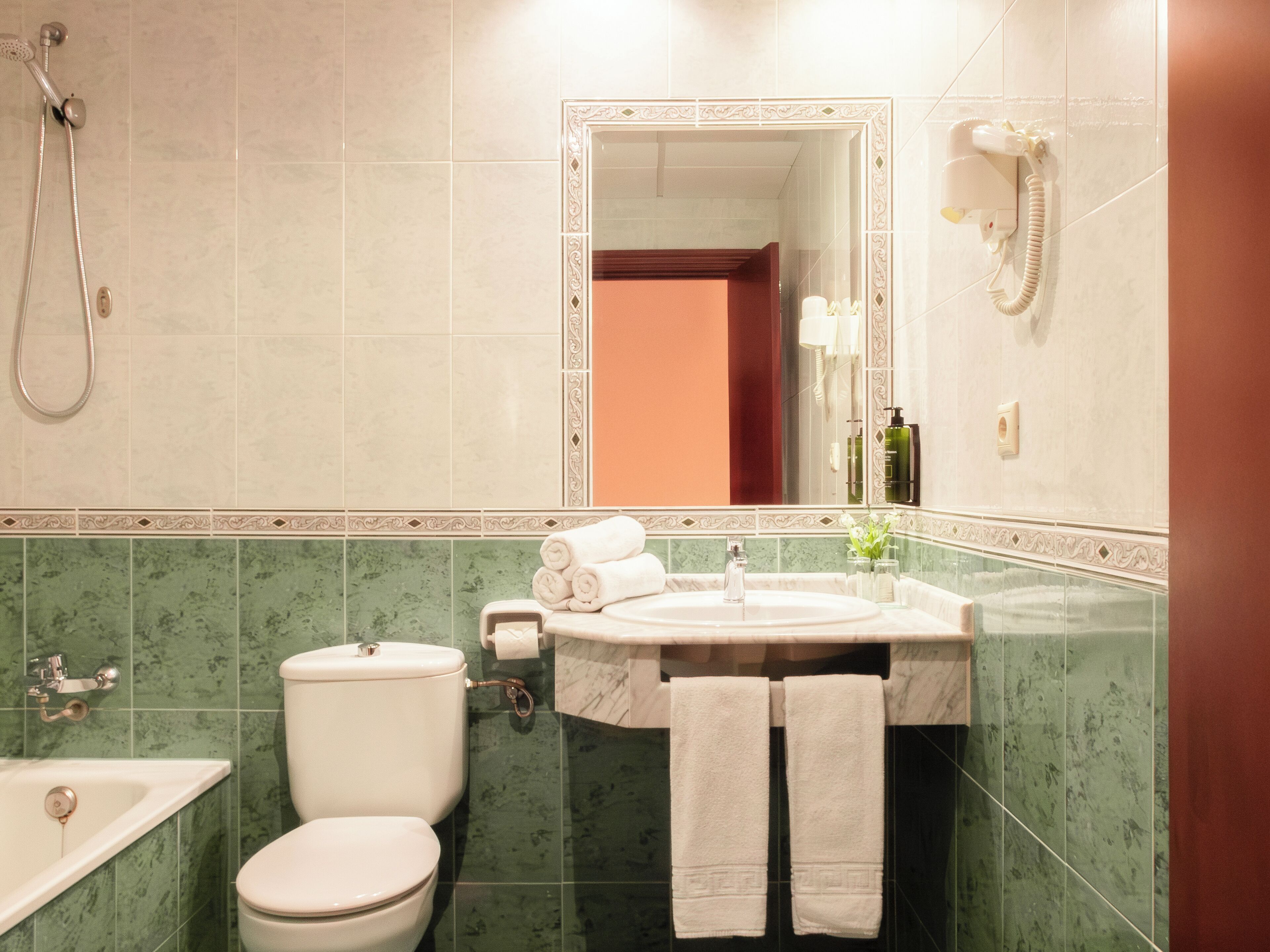 combined shower/bathtub, hair dryer, bidet, towels