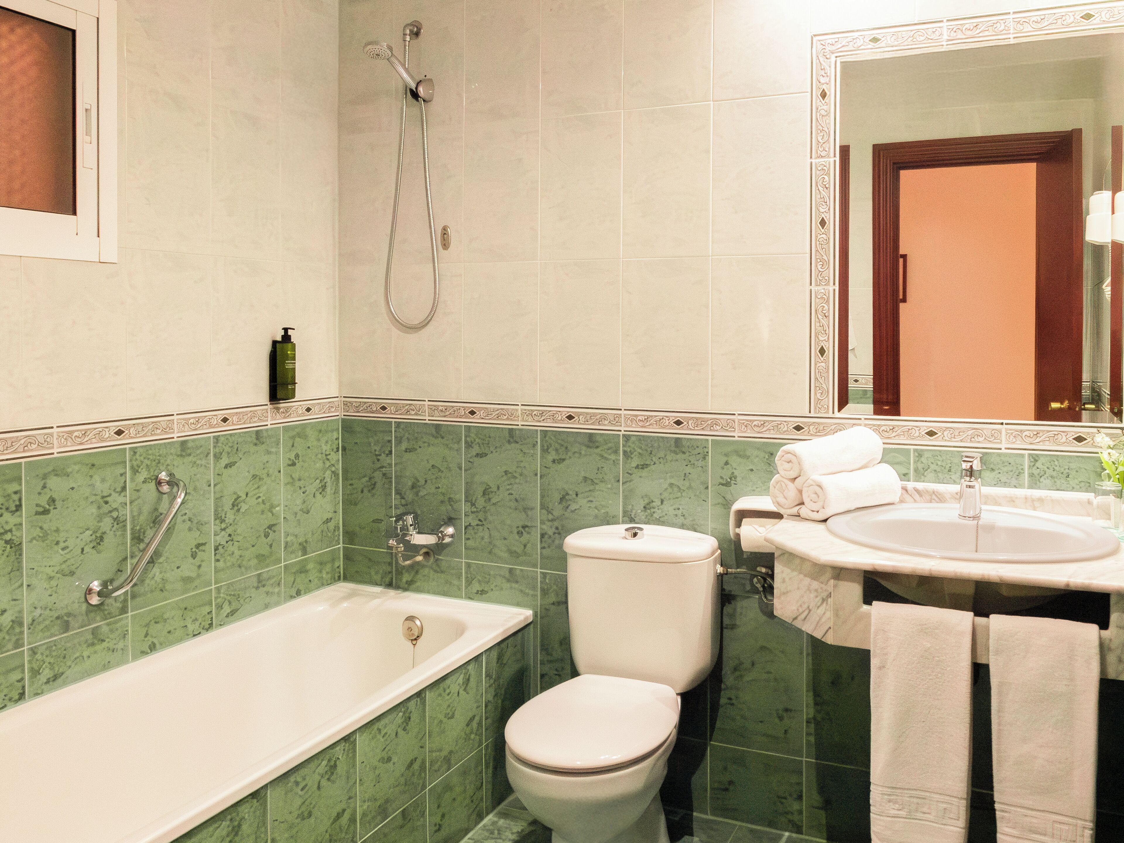 combined shower/bathtub, hair dryer, bidet, towels