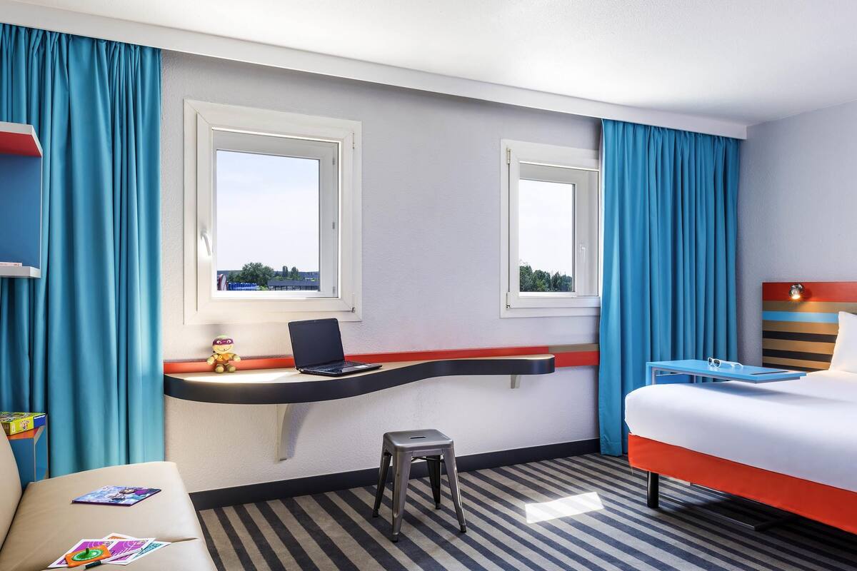 premium bedding, desk, blackout curtains, soundproofing