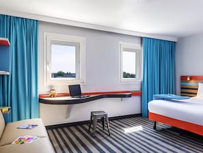 Premium bedding, desk, blackout curtains, soundproofing