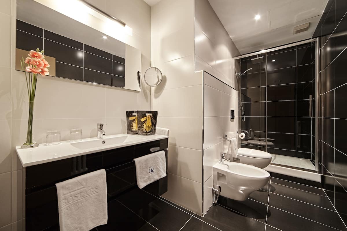 bathtub, eco-friendly toiletries, hair dryer, bidet