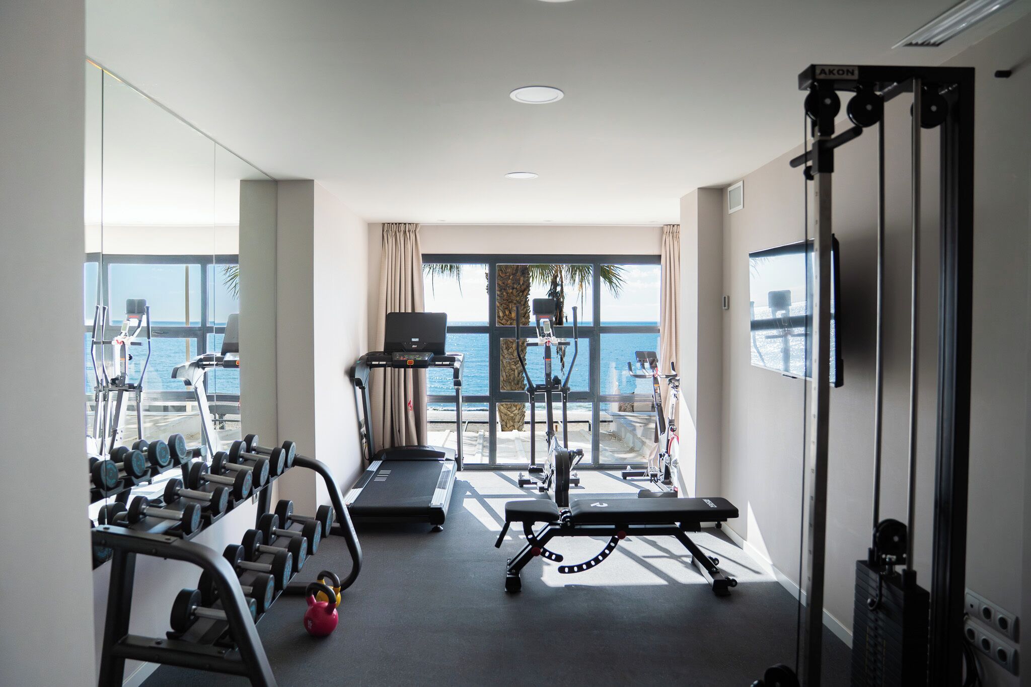 A gym with exercise equipment, a treadmill, and a view of the sea.
