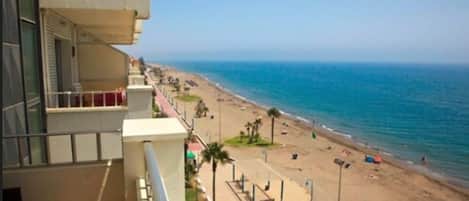 A beach view from a balcony with a clear sky, a sandy beach, and a few palm trees.