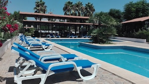 A pool area with blue and white lounge chairs, a tiled pool, and palm trees. - Hotel La Carreta (Chiva)