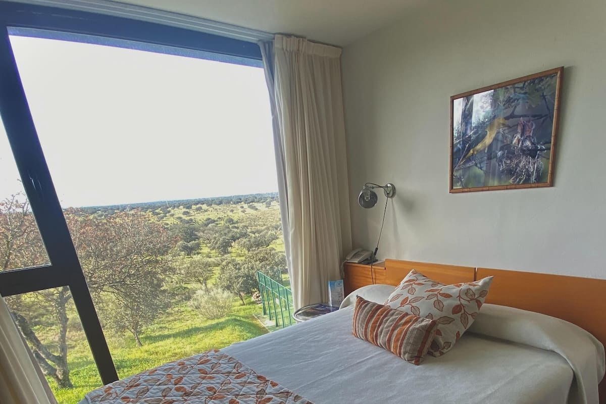 Quarto de hotel com uma cama grande, uma mesinha de cabeceira, um quadro na parede e vista do campo através de uma grande janela.