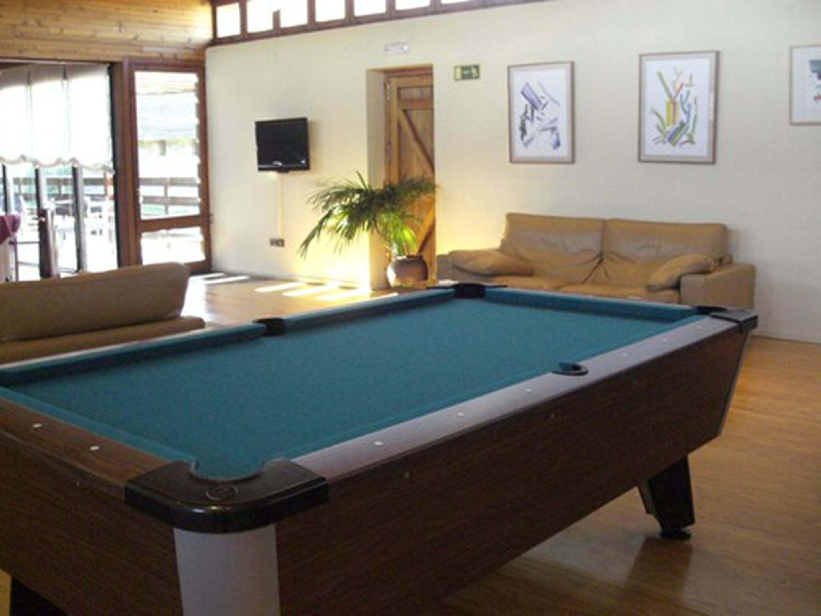 Una mesa de billar en una habitación con un sofá y una planta en maceta.