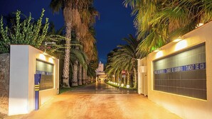 A well-lit driveway leading to a gated entrance with palm trees and a building in the background.