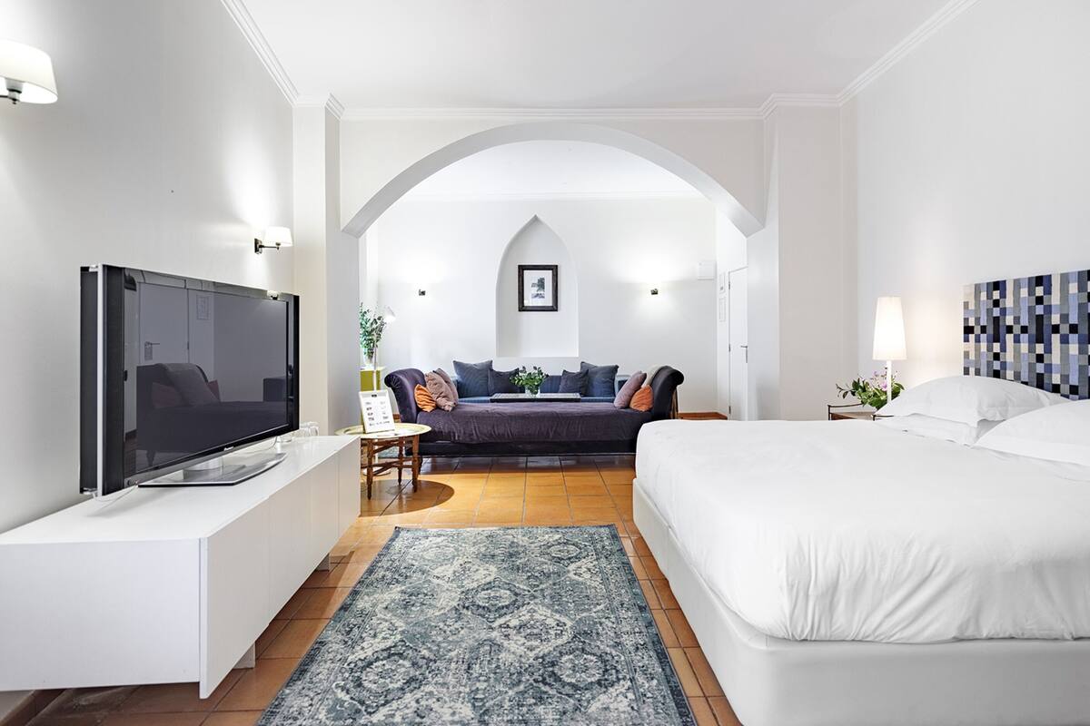 Habitación de hotel moderna con televisor de pantalla plana, sofá cama, cama grande y alfombra decorativa.