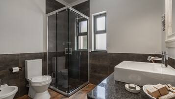 Une salle de bain moderne avec une douche à parois de verre, un lavabo blanc et des toilettes.