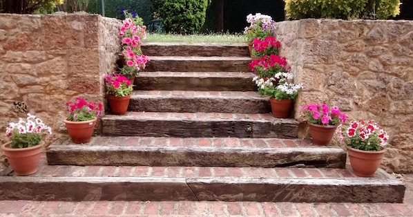 A set of stone steps with terracotta pots of pink and white flowers.