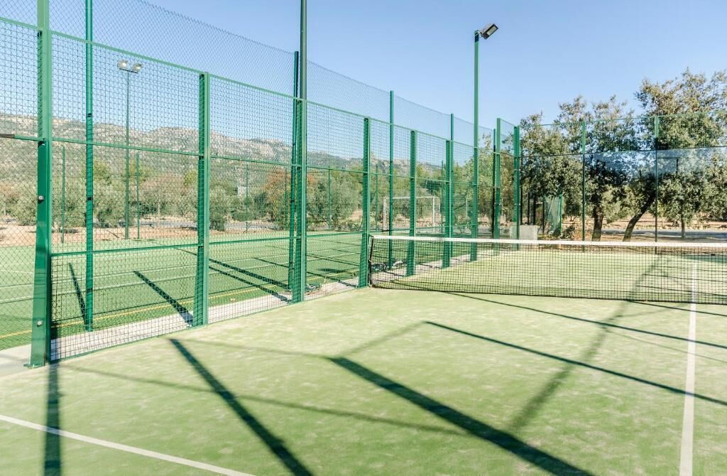 A tennis court with green fencing and a net, surrounded by trees and a clear sky.