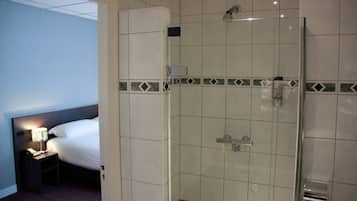 Shower, free toiletries, hair dryer, towels