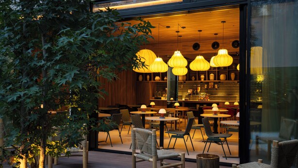 Un espace extérieur aménagé avec des chaises et des tables en osier, entouré d’arbres et doté d’une terrasse en bois.