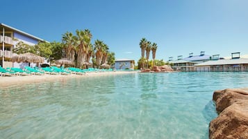Indoor pool, seasonal outdoor pool, pool umbrellas, pool loungers