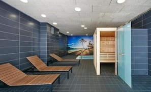 Indoor pool, seasonal outdoor pool, pool umbrellas, sun loungers