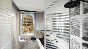 Un baño con vistas al Coliseo, una ventana con repisa y una ducha con pared decorada.