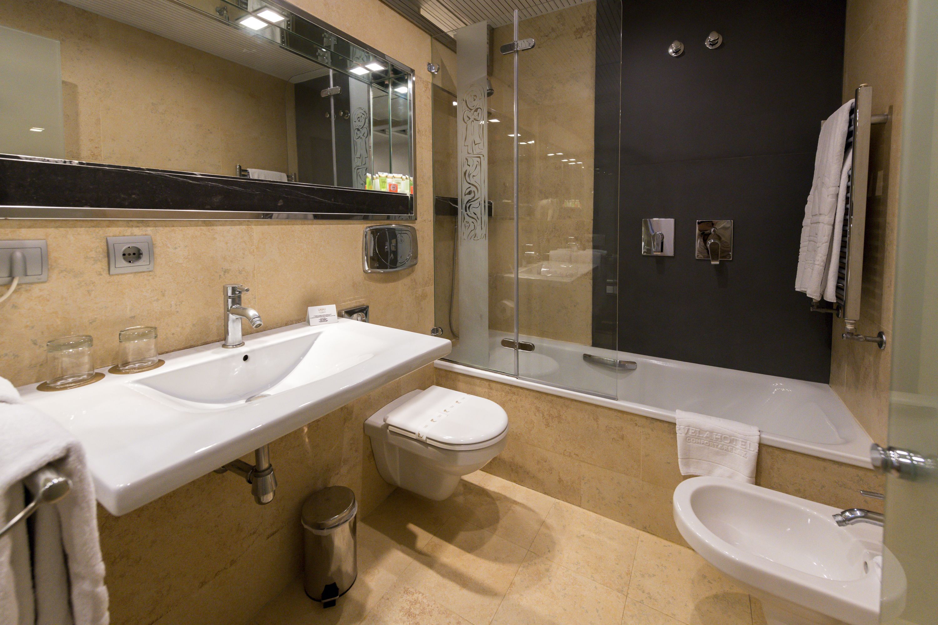 free toiletries, hair dryer, towels