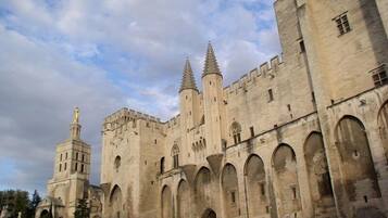 A historic stone castle with multiple towers and arched windows, located in Avignon.