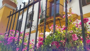 Un bâtiment aux murs jaunes et blancs, doté de balcons en fer forgé noir et orné de fleurs roses devant la façade.