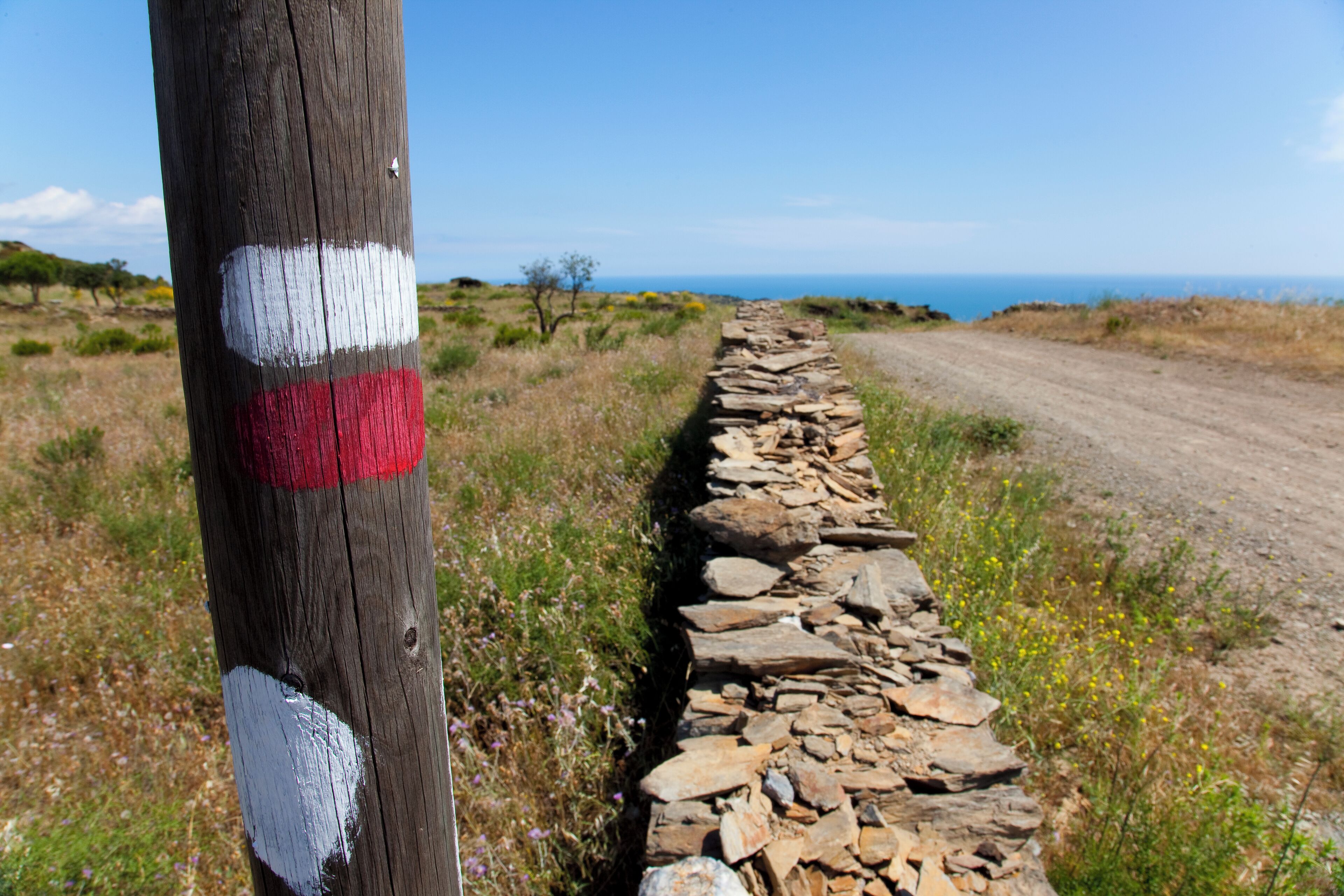 A dirt road with a stone wall and a wooden post with white and red markings.