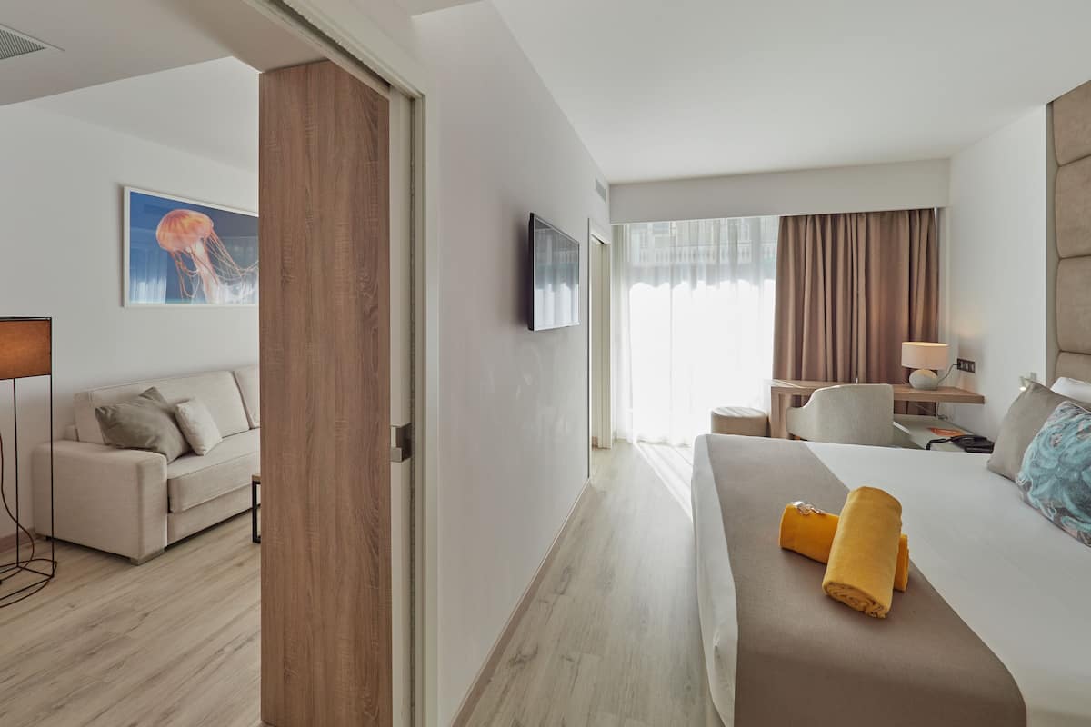 A hotel room with a bed, a desk, a chair, a sofa, and a television.
