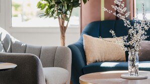 A modern living room with a grey sofa, a blue sofa, a round wooden coffee table, and a large green plant.