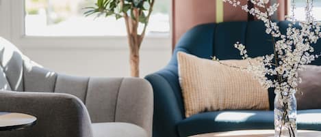 Un soggiorno moderno con un divano grigio, un divano blu, un tavolino rotondo in legno e una grande pianta verde.