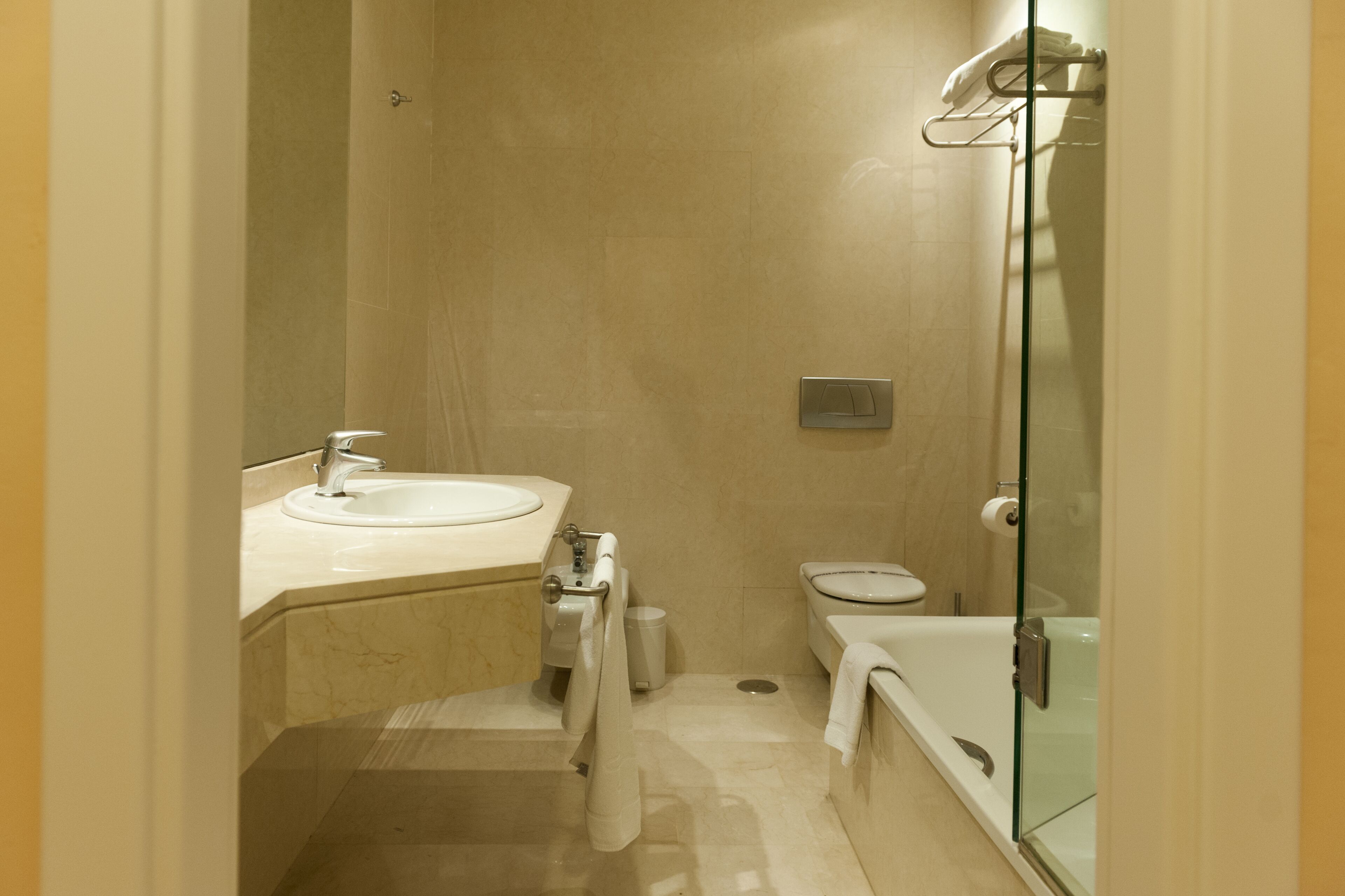 shower, hair dryer, bidet, towels