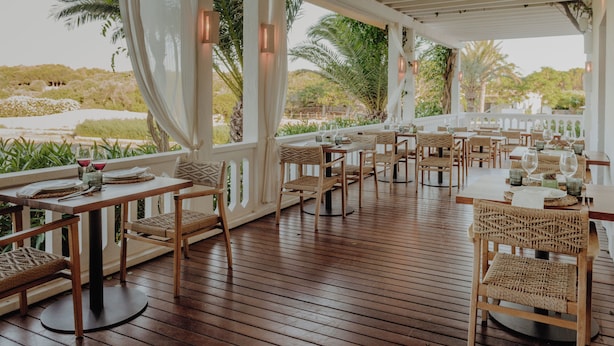 Un espace extérieur aménagé pour les repas, avec des tables et des chaises en bois, entouré de rampes blanches et de palmiers.