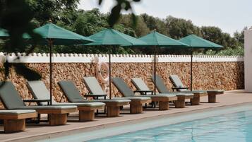 Outdoor pool, pool umbrellas, pool loungers
