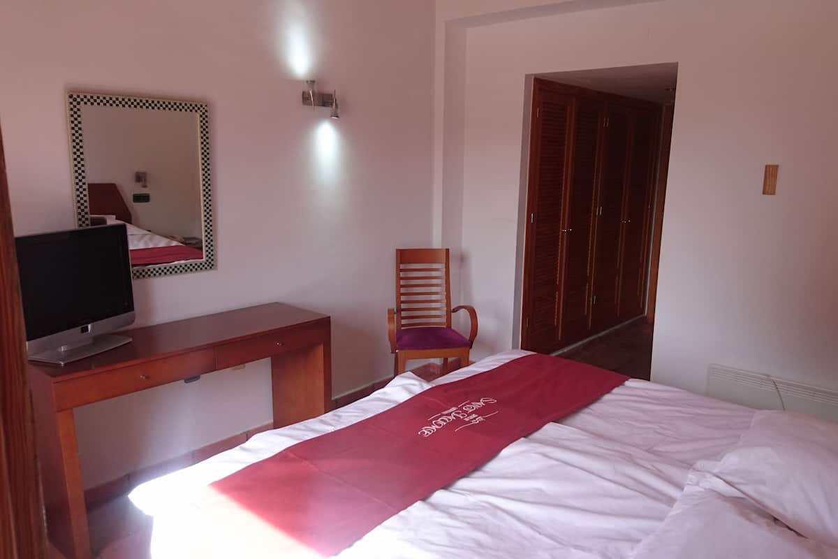 Une chambre d’hôtel comprenant un lit, un bureau avec une télévision, une chaise, une armoire et un miroir.