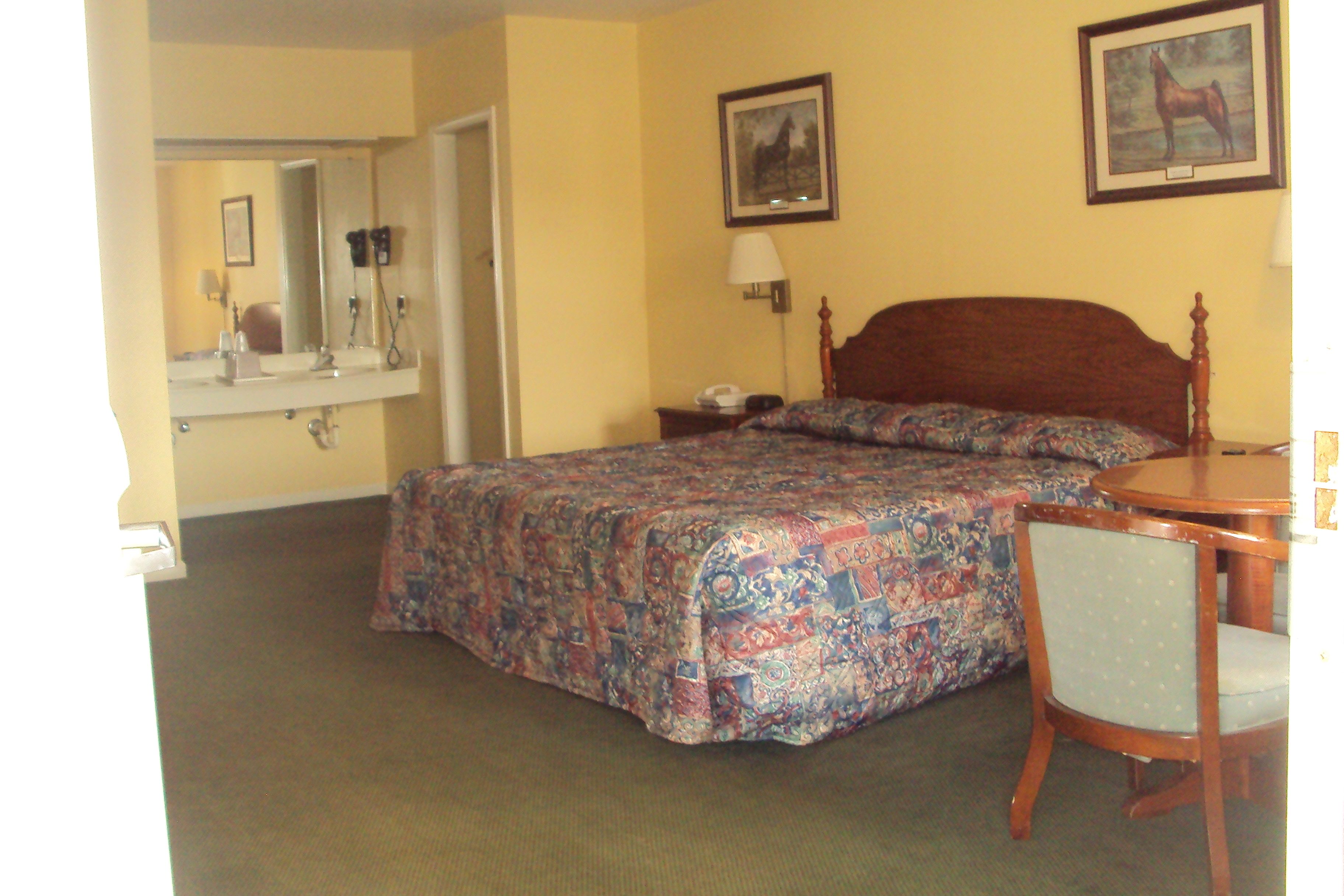 Habitación de hotel con cama, una silla, escritorio, espejo y un cuadro en la pared.