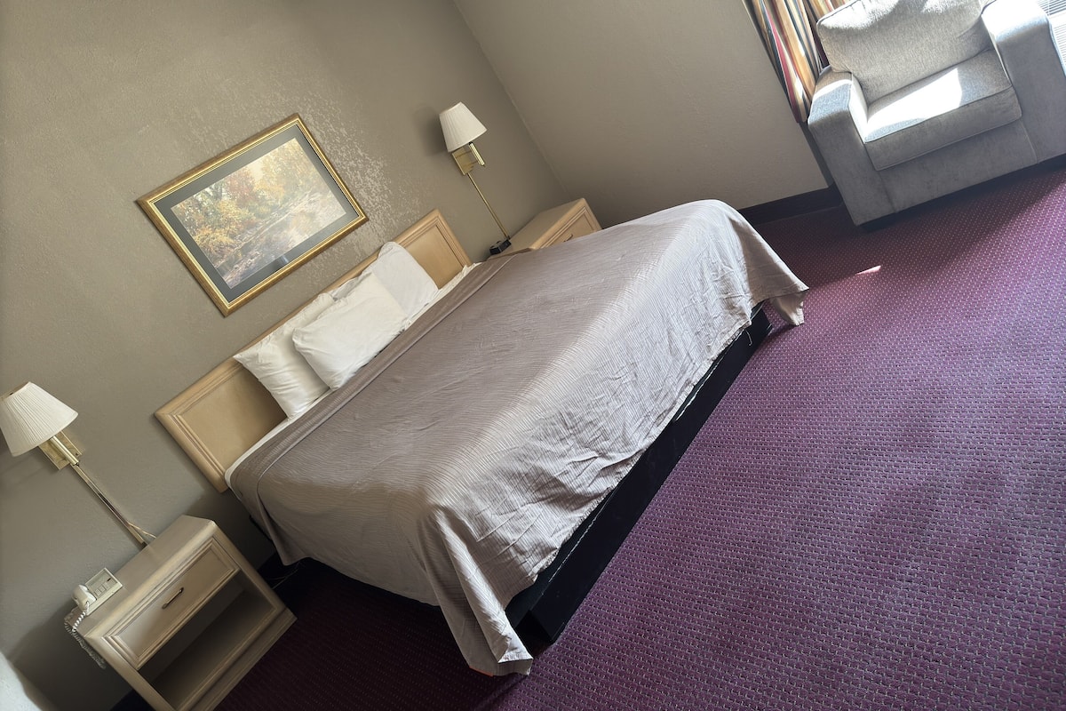 Quarto de hotel com cama, mesas de cabeceira, luminária, quadro e cadeira.
