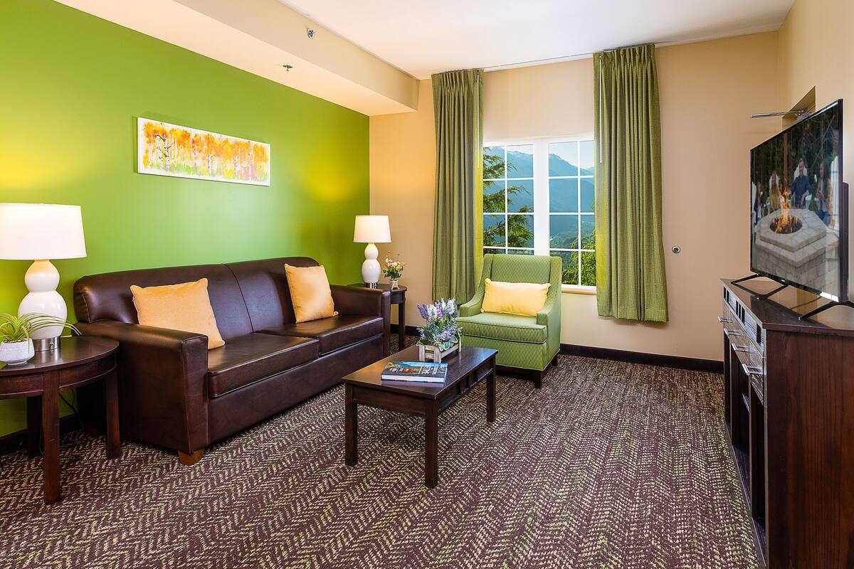 Un salón con un sofá de cuero marrón, un sillón verde, una mesa de centro y un televisor de pantalla plana.