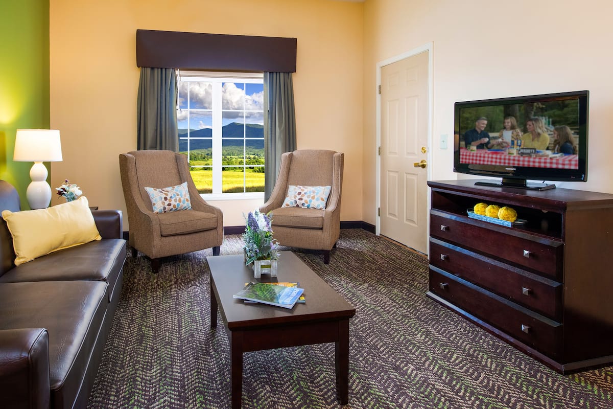 Habitación de hotel con dos sillones, un sofá, una mesa de centro, un televisor sobre un soporte de madera y vistas a un paisaje verde a través de una ventana.