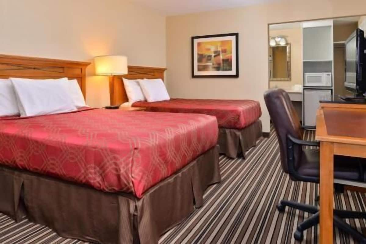 Une chambre d’hôtel avec deux lits, un bureau, une chaise, une lampe et un tableau encadré au mur.