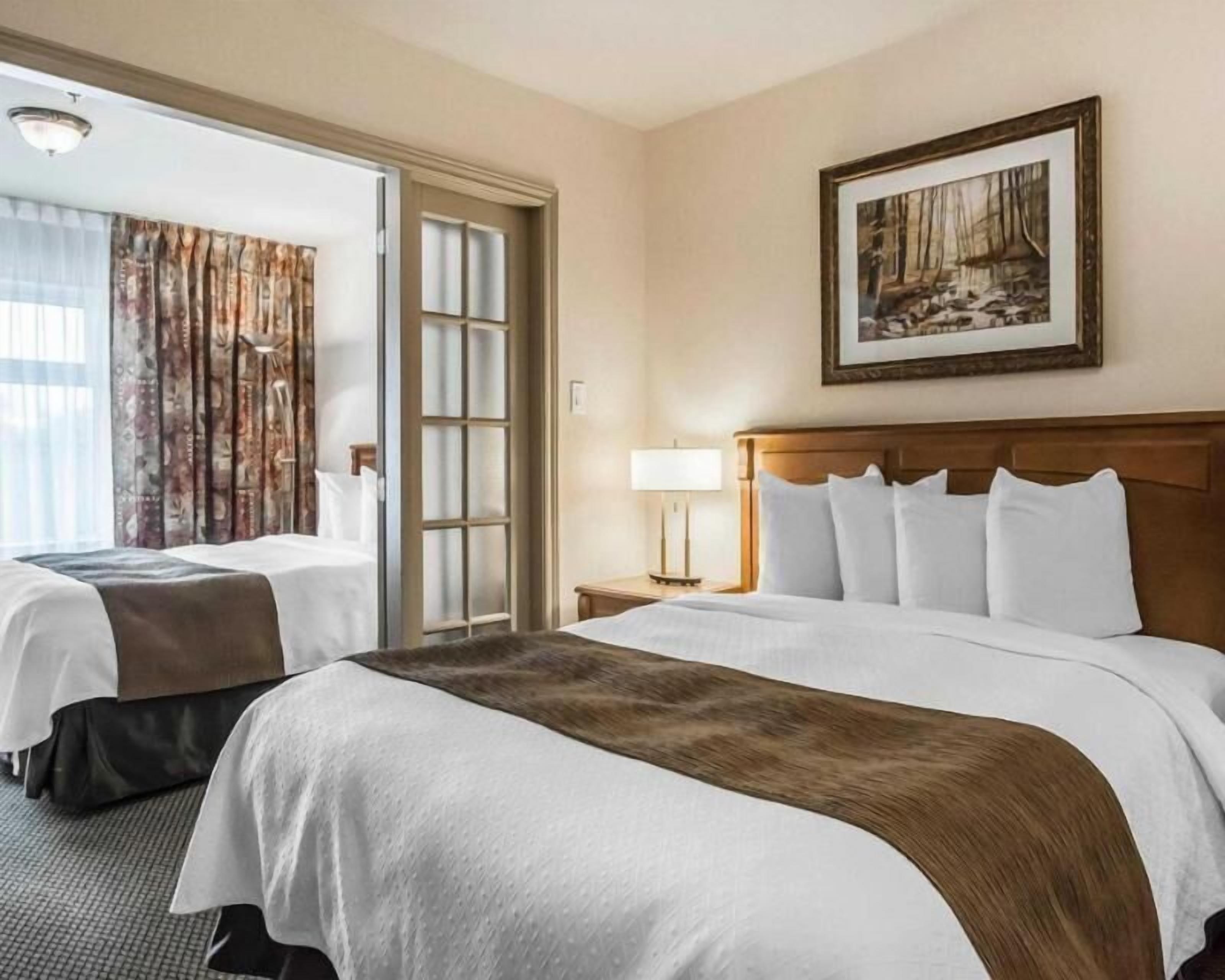 Premium bedding, desk, laptop workspace, blackout drapes