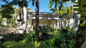 Un edificio moderno con un patio cubierto rodeado de exuberante vegetación tropical.