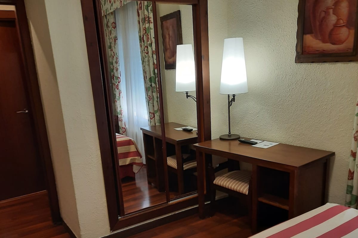 Een hotelkamer met een bed, een bureau, een stoel, een spiegel en een televisie.