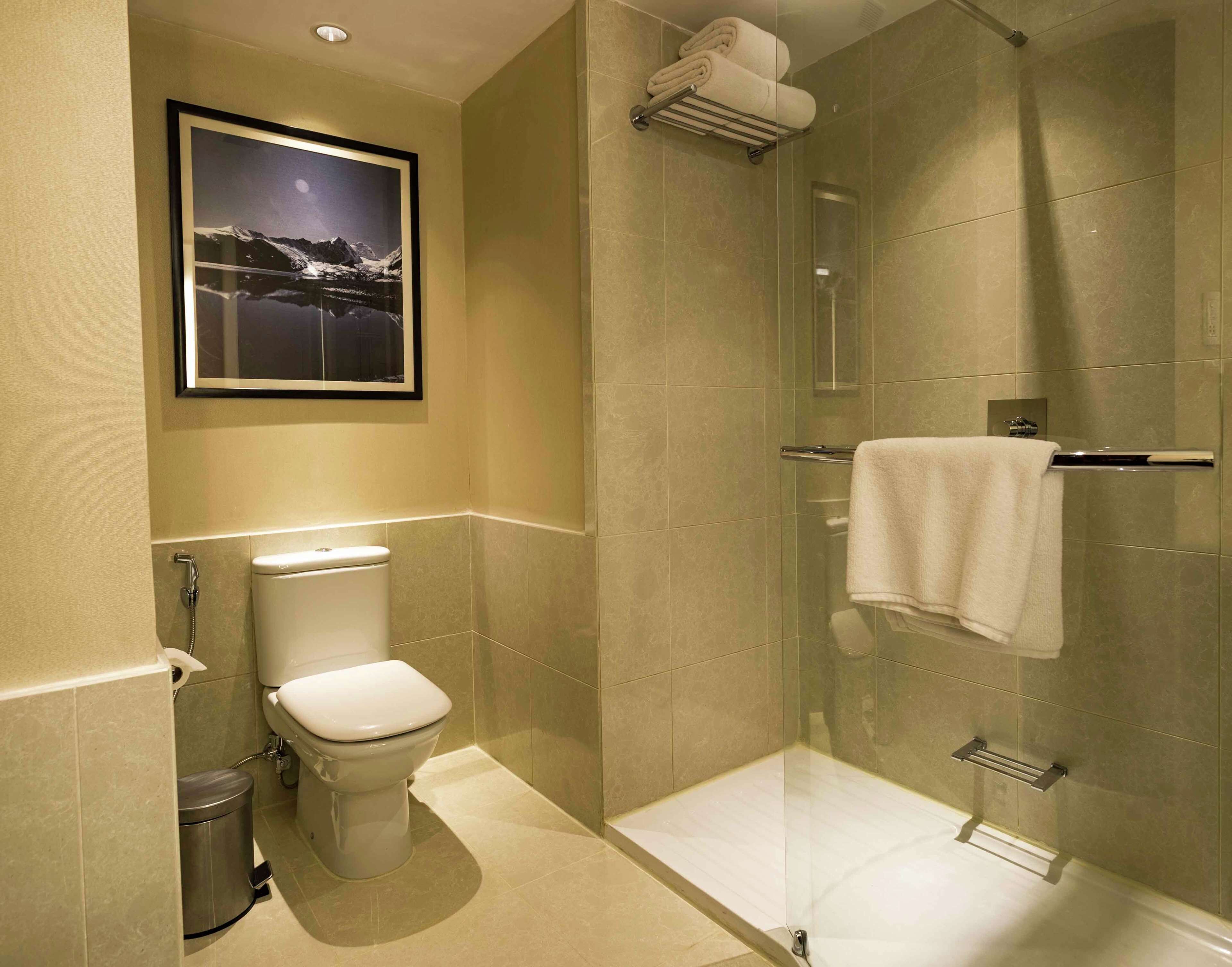 A modern bathroom with a toilet, a glass-enclosed shower, and a framed picture on the wall.